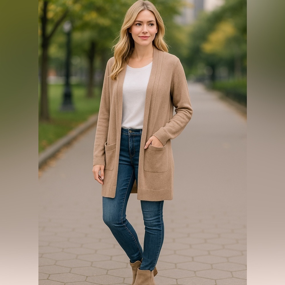 J. Jill Open Front Open Knit Linen Blend Lightweight Knit Tan Cardigan – Size L